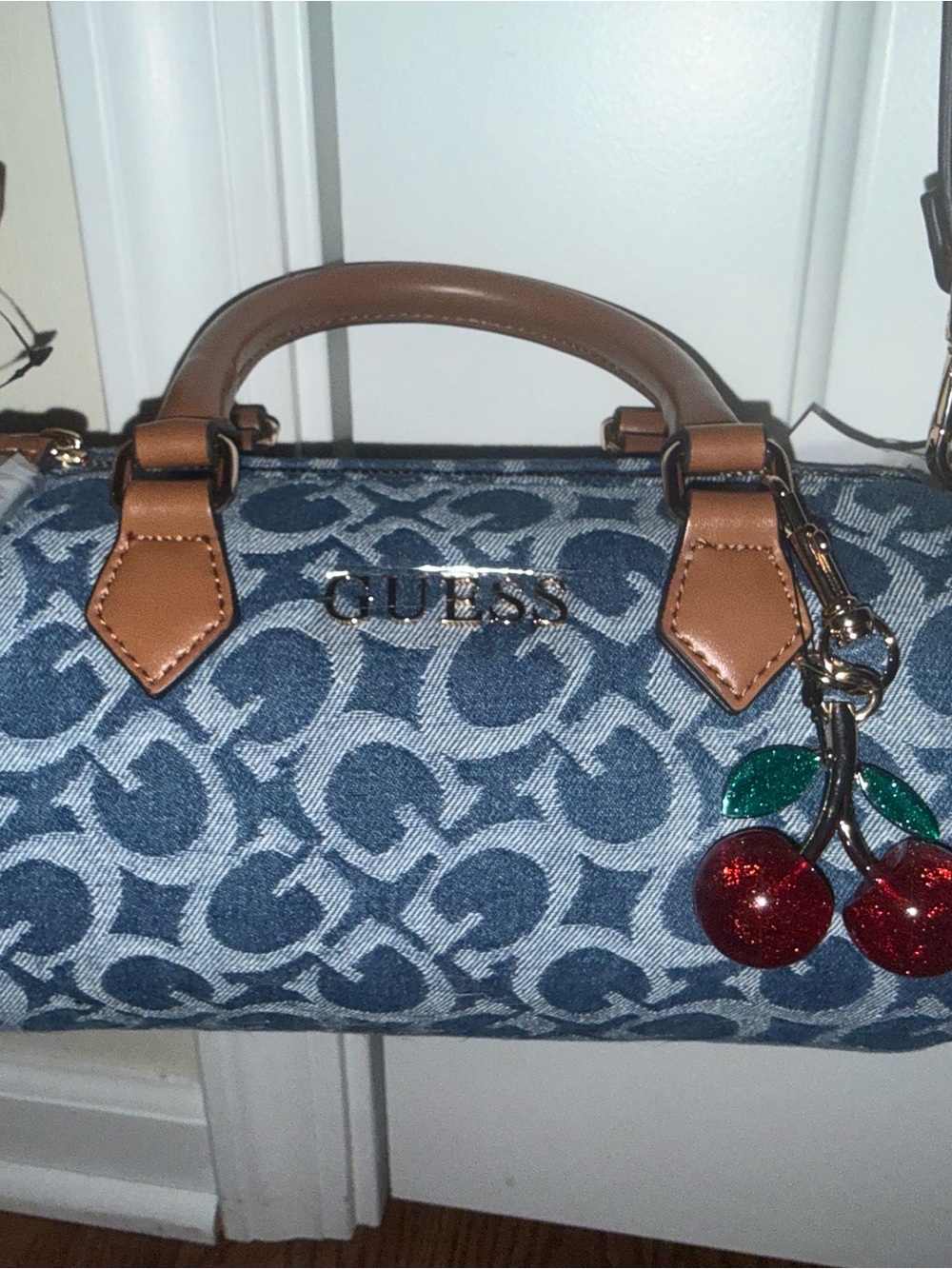 Guess Monogram Denim Amessa purse with Cherry Charm